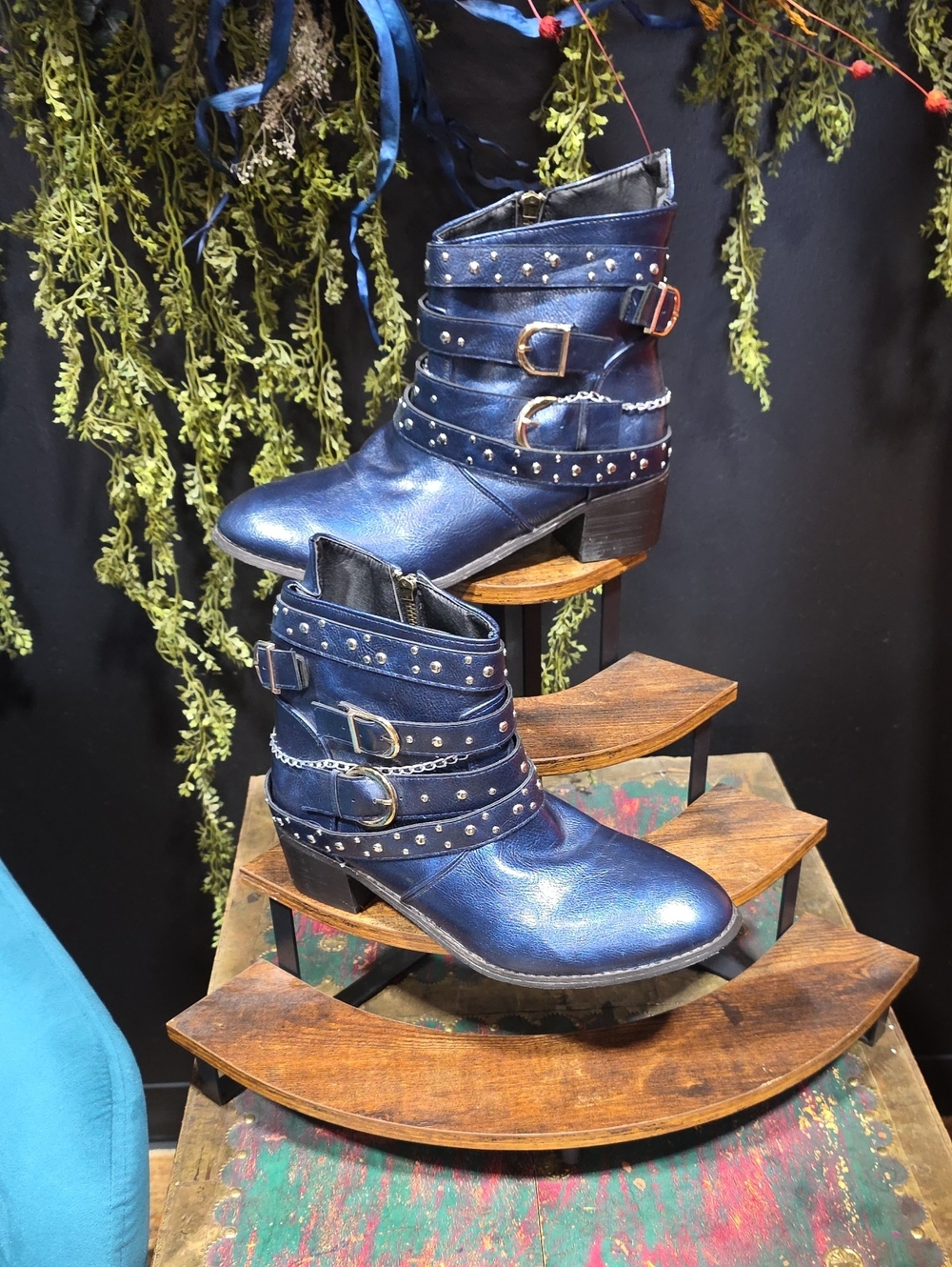 Blue Studded Buckle & Chain Ankle Boots - Navy Metallic